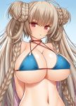  1girl :&lt; ahoge alternate_costume arms_behind_back asamura_hiori azur_lane bangs bare_shoulders bikini blonde_hair blue_bikini blue_bikini_top braid breasts cleavage closed_mouth collarbone commentary_request criss-cross_halter double_bun eyebrows_visible_through_hair formidable_(azur_lane) halter_top halterneck highres huge_breasts long_hair looking_at_viewer navel open_eyes red_eyes sidelocks skindentation solo stomach swimsuit 