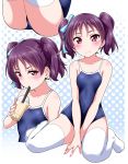  1girl ass blush breasts collarbone drink embarrassed hair_ribbon kazuno_leah looking_at_viewer love_live! love_live!_sunshine!! one-piece_swimsuit purple_eyes purple_hair ribbon school_swimsuit short_twintails sitting small_breasts solo swimsuit thighhighs twintails yopparai_oni 