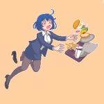  1girl ahoge blue_hair brown_legwear collared_shirt falling food french_fries hamburger hcnone high_heels jacket office_lady open_mouth original pantyhose pencil_skirt pixel_art red_eyes shirt shoes short_hair simple_background single_shoe skirt skye_(hcnone) solo tray tripping yellow_background 