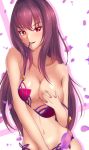  1girl :d absurdres bangs bikini breasts cleavage covering covering_one_breast eyebrows_visible_through_hair fate/grand_order fate_(series) hair_between_eyes haneramu highres long_hair looking_at_viewer medium_breasts mouth_hold navel open_mouth purple_hair red_bikini_top red_eyes scathach_(fate)_(all) scathach_(swimsuit_assassin)_(fate) shiny shiny_hair shiny_skin smile solo straight_hair swimsuit untied untied_bikini upper_body very_long_hair white_background 