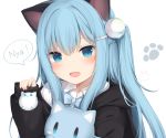  amashiro_natsuki animal_ears aqua_eyes aqua_hair bow catgirl cropped doll fang hoodie original ponytail school_uniform white 