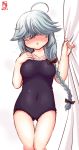  1girl ahoge alternate_costume artist_logo ass_visible_through_thighs black_ribbon black_swimsuit blush braid commentary_request competition_school_swimsuit cowboy_shot curtains dated facing_viewer grey_hair hair_over_eyes hair_ribbon hamanami_(kantai_collection) highres kanon_(kurogane_knights) kantai_collection long_hair ribbon school_swimsuit simple_background single_braid solo standing swimsuit thigh_gap white_background 