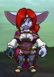  2019 boots breasts cape cleavage clothed clothing eye_patch eyewear female footwear furball hair humanoid league_of_legends legwear looking_at_viewer pink_eyes prosthetic_limb red_hair riot_games shirt short_stack simple_background smile solo standing thigh_highs topwear video_games wyla_(furball) yordle 