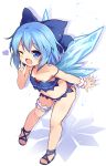  1girl ;d baku-p bangs bare_arms bare_shoulders bikini blue_bikini blue_bow blue_eyes blue_footwear blue_hair blush bow cirno collarbone commentary_request drop_shadow eyebrows_visible_through_hair full_body hair_between_eyes hair_bow heart highres ice ice_wings leaning_forward long_hair navel one_eye_closed open_mouth sandals single_wrist_cuff smile solo standing strap_slip swimsuit touhou white_background wings wrist_cuffs 