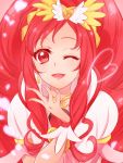  1girl ;d bangs collarbone cure_lovely earrings eyebrows_visible_through_hair hair_ornament happinesscharge_precure! heart heart_hair_ornament highres jewelry long_hair looking_at_viewer one_eye_closed open_mouth parted_bangs petals precure red_eyes red_hair shiny shiny_hair shipu_(gassyumaron) short_sleeves smile solo upper_body very_long_hair wrist_cuffs 