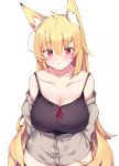  1girl animal_ear_fluff animal_ears bare_shoulders black_shirt blonde_hair breasts camisole cleavage closed_mouth collarbone cowboy_shot fox_ears grey_jacket hair_between_eyes haruyuki_(yukichasoba) highres jacket large_breasts long_hair looking_at_viewer off_shoulder open_clothes open_jacket original pink_eyes shirt sleeveless sleeveless_shirt smile solo thighhighs very_long_hair 