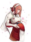  1girl blush fire_emblem fire_emblem_fates hairband hands_on_own_stomach highres japanese_clothes jeffryhangover miko nintendo pink_eyes pink_hair pregnant sakura_(fire_emblem) short_hair simple_background smile solo upper_body 