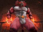  2019 4:3 abs angry anthro arm_support belt biceps black_fur brick bulge chain clothed clothing detailed_bulge fangs felid feline fire fur glowing glowing_eyes incineroar inside leotard low-angle_view male mammal mane muscular muscular_male navel nintendo nipples open_mouth pecs pok&eacute;mon pok&eacute;mon_(species) pose quads red_eyes red_fur roaring sharp_teeth skimpy solo teeth tongue tricep video_games zorro_re 