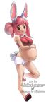  1girl animal_ears bare_shoulders big_belly blush breasts brown_eyes bunny_ears copyright_request fiz_(fizintine) hands_on_own_stomach heart heart_in_mouth highres jeffryhangover large_breasts pink_hair pregnant simple_background smile solo watermark 