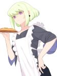  1boy androgynous apron closed_eyes earrings food frilled_apron frills green_hair hand_on_hip highres holding holding_plate jewelry juz lio_fotia long_sleeves looking_at_viewer male_focus pizza plate promare purple_eyes short_hair solo 