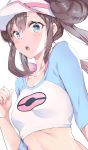  1girl bangs blue_eyes blush breasts brown_hair collarbone cpqm crop_top double_bun hair_between_eyes highres long_hair long_sleeves looking_at_viewer mei_(pokemon) open_mouth pokemon pokemon_(game) pokemon_bw2 raglan_sleeves simple_background small_breasts solo twintails visor_cap white_background 
