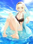  1girl barefoot bikini bird black_bikini black_hairband black_ribbon blonde_hair blue_jacket blue_sky boa_sorte braid braided_ponytail breasts cleavage cloud collarbone commentary_request day fate/grand_order fate_(series) floating_hair hairband halterneck highres hood hooded_jacket jacket jeanne_d&#039;arc_(fate)_(all) jeanne_d&#039;arc_(swimsuit_archer) long_hair medium_breasts ocean open_clothes open_jacket outdoors revision ribbon single_braid sky soles solo splashing sun sunlight swimsuit thigh_strap very_long_hair 