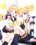  1boy 1girl aqua_eyes balloon belt black_shorts blonde_hair blush brother_and_sister collarbone commentary detached_sleeves feet_out_of_frame finger_to_mouth glowing grin hair_ornament hair_ribbon hairclip headphones headset heart_balloon highres index_finger_raised kagamine_len kagamine_rin leg_warmers looking_at_viewer nail_polish necktie one_eye_closed outstretched_hand ribbon sailor_collar short_hair shorts siblings sitting smile treble_clef twins vocaloid white_ribbon yellow_belt yellow_nails yellow_neckwear yomogi_komegura 