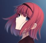  1girl bangs black_hairband black_shirt blue_background blue_eyes boa_(brianoa) eyebrows_visible_through_hair floating_hair from_side hairband highres hisui looking_at_viewer portrait profile red_hair shirt short_hair solo tsukihime 