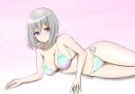  1girl absurdres bikini blue_eyes breasts cleavage collarbone commentary_request cowboy_shot hair_ornament hairclip hamakaze_(kantai_collection) highres iminami_sui kantai_collection large_breasts looking_at_viewer lying multicolored multicolored_bikini multicolored_clothes navel on_side pink_background short_hair side-tie_bikini silver_hair solo sparkle_background swimsuit 