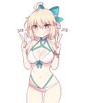  1girl ahoge bangs bikini blonde_hair blue_ribbon blush bracelet breasts brown_eyes chan_co double_v embarrassed fate/grand_order fate_(series) hair_ribbon hand_gesture highres jewelry large_breasts looking_at_viewer navel okita_souji_(fate)_(all) okita_souji_(swimsuit_assassin)_(fate) ribbon short_hair simple_background smile solo stomach sweat swimsuit tears thigh_gap thighs trembling v white_background white_bikini 