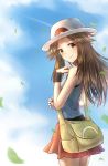  1girl 2578221183 blue_(pokemon) blue_shirt brown_eyes brown_hair closed_mouth cowboy_shot floating_hair hat highres holding holding_poke_ball long_hair looking_at_viewer miniskirt pleated_skirt poke_ball pokemon pokemon_(game) pokemon_frlg red_skirt shirt skirt sleeveless sleeveless_shirt smile solo standing white_headwear wristband 