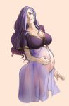  1girl blush breasts camilla_(fire_emblem) fire_emblem fire_emblem_fates hair_over_one_eye hands_on_own_stomach jeffryhangover large_breasts long_hair looking_at_viewer nintendo open_mouth pregnant purple_eyes purple_hair sheer_clothes simple_background sleepwear smile solo upper_body wavy_hair 