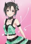  1girl :d antenna_hair arm_strap black_eyes black_hair breasts choker collarbone hair_between_eyes highres horns idolmaster idolmaster_(classic) jewelry kikuchi_makoto looking_at_viewer midriff mogskg navel necklace open_mouth pink_background shiny shiny_hair short_hair sleeveless small_breasts smile solo standing stomach 