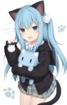  1girl :d amashiro_natsuki animal_ears animal_hood bangs black_jacket blue_bow blue_eyes blue_hair blush bow cat_ears cat_girl cat_hood cat_tail collared_shirt commentary_request dress_shirt eyebrows_visible_through_hair fake_animal_ears fang grey_skirt hair_between_eyes hair_ornament hairclip highres hood hood_down hooded_jacket jacket long_hair long_sleeves looking_at_viewer nekoha_shizuku object_hug one_side_up open_mouth original plaid plaid_skirt pleated_skirt puffy_long_sleeves puffy_sleeves romaji_text shirt simple_background skirt sleeves_past_wrists smile solo speech_bubble stuffed_animal stuffed_cat stuffed_toy tail very_long_hair white_background white_shirt 