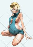  1girl bare_back bare_shoulders belly big_belly blonde_hair blue_eyes blush breasts fire_emblem fire_emblem_heroes fjorm_(fire_emblem) hands_on_own_stomach jeffryhangover keyhole large_breasts looking_down meme_attire no_pants open-chest_sweater pregnant sideboob simple_background smile solo sweater tiara virgin_killer_outfit virgin_killer_sweater watermark 