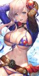  1girl american_flag_bikini arms_behind_head arms_up asymmetrical_hair bangs belt bikini blue_ribbon blush breasts brown_gloves bun_cover choker fate/grand_order fate_(series) flag_print gloves hair_bun hair_ribbon halterneck large_breasts long_hair looking_at_viewer miyamoto_musashi_(fate/grand_order) miyamoto_musashi_(swimsuit_berserker)_(fate) navel open_mouth ribbon senchat smile solo swept_bangs swimsuit wet 