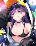  1girl :q animal_hood bangs bare_shoulders bikini bikini_under_clothes black_bikini black_jacket blue-framed_eyewear blue_bow blue_choker blue_eyes blush bow breasts choker closed_mouth collarbone commentary_request eighth_note eyebrows_visible_through_hair eyewear_on_head fate/grand_order fate_(series) hair_between_eyes highres hood hood_up hooded_jacket jacket long_hair long_sleeves meltryllis meltryllis_(swimsuit_lancer)_(fate) musical_note nya_rl penguin_hood puffy_long_sleeves puffy_sleeves purple_hair sleeves_past_fingers sleeves_past_wrists small_breasts smile solo spoken_musical_note sunglasses swimsuit tongue tongue_out upper_body v-shaped_eyebrows very_long_hair water 