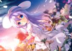  1girl :d apron bangs blue_eyes blue_shirt blurry blurry_background blurry_foreground blush chinomaron commentary_request depth_of_field dutch_angle eyebrows_visible_through_hair field flower flower_field frilled_apron frills gochuumon_wa_usagi_desu_ka? hair_between_eyes hair_ornament hat kafuu_chino long_hair looking_at_viewer looking_to_the_side open_mouth outdoors petals puffy_short_sleeves puffy_sleeves purple_hair shirt short_sleeves signature sky smile solo standing sun_hat sunset very_long_hair white_apron white_flower white_headwear x_hair_ornament 