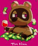  2018 animal_crossing anthro beverage brown_fur canid canine fur hi_res mammal masshiro money nintendo raccoon_dog simple_background solo tanuki tom_nook_(animal_crossing) video_games 