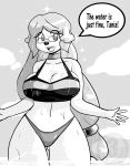  anthro big_breasts bikini breasts canid canine canis chooy64 cleavage clothed clothing dialogue domestic_dog eyewear female glasses greyscale hair hi_res long_hair mammal monochrome outside partially_submerged poodle solo swimwear thigh_gap 