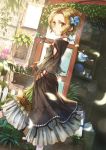  1girl bird black_dress breasts brown_eyes brown_hair dress dutch_angle earrings fence flower flower_box hair_flower hair_ornament hands_in_pockets highres jewelry looking_at_viewer looking_back necklace original outdoors sho_(sumika) short_hair small_breasts solo standing 
