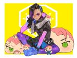  :&lt; asymmetrical_hair black_hair clone full_body gloves gradient_hair indian_style jacket looking_at_viewer minigirl mole mole_under_eye multicolored_hair multiple_girls multiple_persona overwatch parody purple_eyes purple_hair purple_legwear scar sitting solo_focus sombra_(overwatch) ssaknanda undercut yellow_background yukkuri_shiteitte_ne zarya_(overwatch) 