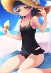 1girl absurdres arare_(kantai_collection) beach black_hair black_swimsuit blue_sky brown_eyes casual_one-piece_swimsuit cloud collarbone commentary_request covered_navel day flat_chest food hat highres horizon ice_cream kantai_collection looking_at_viewer makura_(user_jpmm5733) ocean one-piece_swimsuit outdoors short_hair sitting sky soft_serve solo straw_hat sun_hat swimsuit swimsuit_skirt wariza 