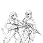  1:1 2019 ambiguous_gender anthro armor army bucky_(hladilnik) bulletproof_vest canid canine canis clothed clothing domestic_cat domestic_dog duo felid feline felis female fur gun headgear helmet hi_res hladilnik holding_gun holding_object holding_weapon mammal marines military military_uniform monochrome ranged_weapon samantha_thott scar uniform weapon 