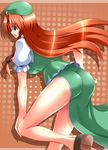  ass bare_legs blue_eyes china_dress chinese_clothes dress hand_on_hip hand_on_own_knee hat hong_meiling impossible_clothes long_hair looking_back ment no_panties red_hair solo thighs tight_dress touhou 