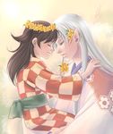  1girl age_difference brown_hair checkered closed_eyes eyelashes flower hair_flower hair_ornament head_wreath hexagon holding inuyasha long_hair pointy_ears profile rin_(inuyasha) sesshoumaru side_ponytail signature silver_hair smile tokiko_(psychopomp) touching 
