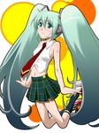  aqua_eyes aqua_hair hatsune_miku hayashi_custom highres long_hair necktie plaid solo twintails very_long_hair vocaloid 