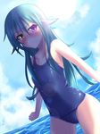  bad_id bad_pixiv_id blue_hair blush dutch_angle heterochromia highres leura_(suterii) long_hair one-piece_swimsuit original school_swimsuit solo suterii swimsuit 