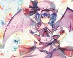  6u_(eternal_land) :t bat_wings blue_hair blush frown hands_on_hips hat md5_mismatch pout red_eyes remilia_scarlet short_hair solo touhou wings 