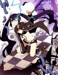  belt bikini_top black_hair black_rock_shooter black_rock_shooter_(character) blue_eyes boots burning_eye chain coat dead_master flat_chest from_above long_hair looking_up midriff navel open_mouth pale_skin shorts solo tamaoka_kagari twintails very_long_hair 