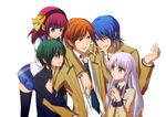  3boys angel_beats! arm_hug blazer blue_hair green_eyes green_hair hairband hat hinata_(angel_beats!) jacket long_hair multiple_boys multiple_girls naoi_ayato one_eye_closed orange_eyes orange_hair otonashi_(angel_beats!) purple_hair school_uniform short_hair tenshi_(angel_beats!) thighhighs tomoiso yellow_eyes yuri_(angel_beats!) 