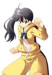  araragi_karen asymmetrical_hair bakemonogatari black_eyes black_hair clenched_hands fighting_stance hood hooded_track_jacket hoodie jacket long_hair monogatari_(series) nanashi_(soregashi) pose solo track_jacket 