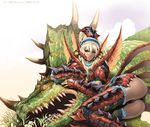  arm_support armor ass black_panties blonde_hair blue_eyes dark_skin dragon elbow_gloves espinas gloves hairband horns long_hair maeda_hiroyuki midriff monster_hunter navel panties rathalos_(armor) sitting thighhighs underwear wyvern yokozuwari 