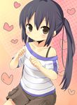  absurdres amaa_(chou_dennou_jidai) bad_id bad_pixiv_id black_hair blush brown_eyes casual heart highres k-on! long_hair nakano_azusa off_shoulder shorts solo striped twintails 