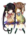  animal_ears black_hair brown_eyes brown_hair cat_ears cat_tail hair_ornament hairclip hirasawa_yui k-on! kneehighs long_hair multiple_girls nakano_azusa neck_ribbon obinata_hemu paw_pose red_ribbon ribbon school_uniform short_hair skirt socks sweater_vest tail twintails 