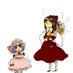  bad_id bad_pixiv_id basket bat_wings bow brown_hair cross detached_sleeves garlic hair_bow hakurei_reimu hat multiple_girls purple_hair red_eyes remilia_scarlet short_hair sunameri_oishii tears touhou trembling wings 