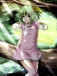  :o arm_support bad_id bad_pixiv_id blush china_dress chinese_clothes daiyousei dappled_sunlight dress floral_print green_eyes green_hair hair_ribbon highres in_tree legs light_rays mochi.f open_mouth pink_dress ribbon shade short_dress short_hair side_ponytail sitting sitting_in_tree solo sunbeam sunlight touhou tree wings 
