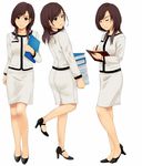  blue_nails book bracelet brown_eyes brown_hair earrings formal high_heels highres jacket jewelry legs long_hair munakata_(hisahige) nail_polish necklace office_lady original pencil_skirt shoes skirt skirt_suit suit 