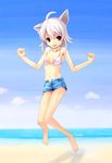  animal_ears barefoot beach bikini_top cat_ears day denim denim_shorts jumping legs original red_eyes short_hair shorts solo swimsuit takase_hiro unbuttoned white_hair 