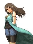  arm_warmers arms_behind_back bad_id bad_pixiv_id bike_shorts brown_eyes brown_hair final_fantasy final_fantasy_viii jewelry necklace pencil_skirt rinoa_heartilly shibasaki_shouji shorts skirt sleeveless_duster solo zipper 